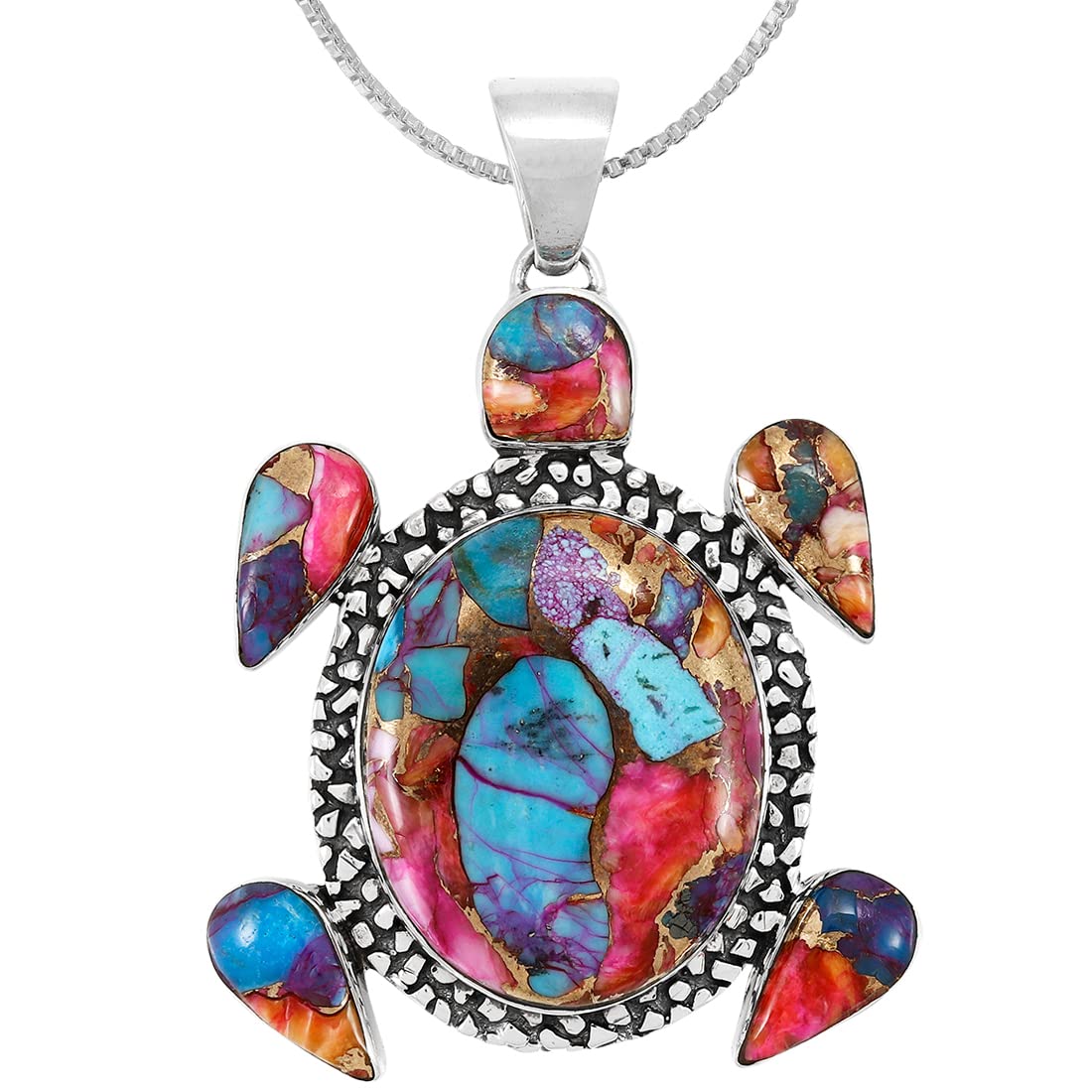 Turtle Spiny Turquoise Pendant Necklace 20" Sterling Silver 925 Genuine Gemstones (Rainbow Spiny)