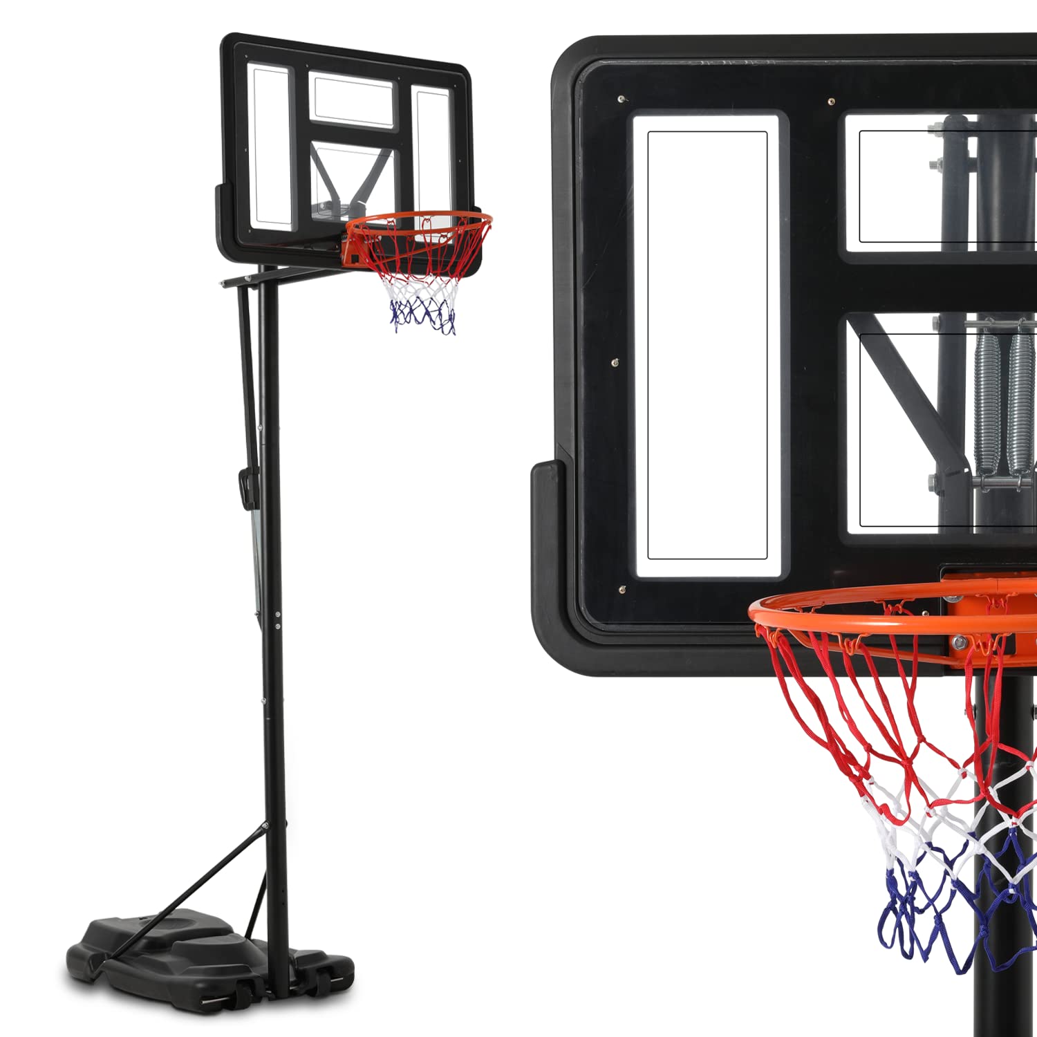 Monibloom Basketball Hoop Outdoor 7ft- 10ft Adjustable with 43 Inch Backboard Wheels Fillable Base, Basketball Equipment for Youth & Adults Indoor Outdoor Use, Black