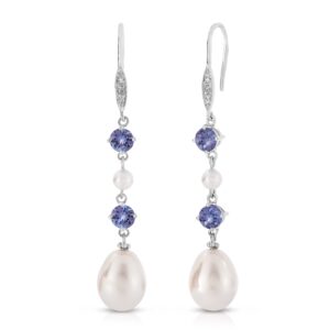 kokav freshwater pearl with genuine tanzanite and diamond dangle earrings in 925 sterling silver