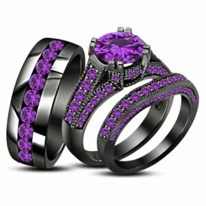 round cut purple amethyst 925 sterling silver 14k black gold over diamond wedding trio bridal ring set for him & her