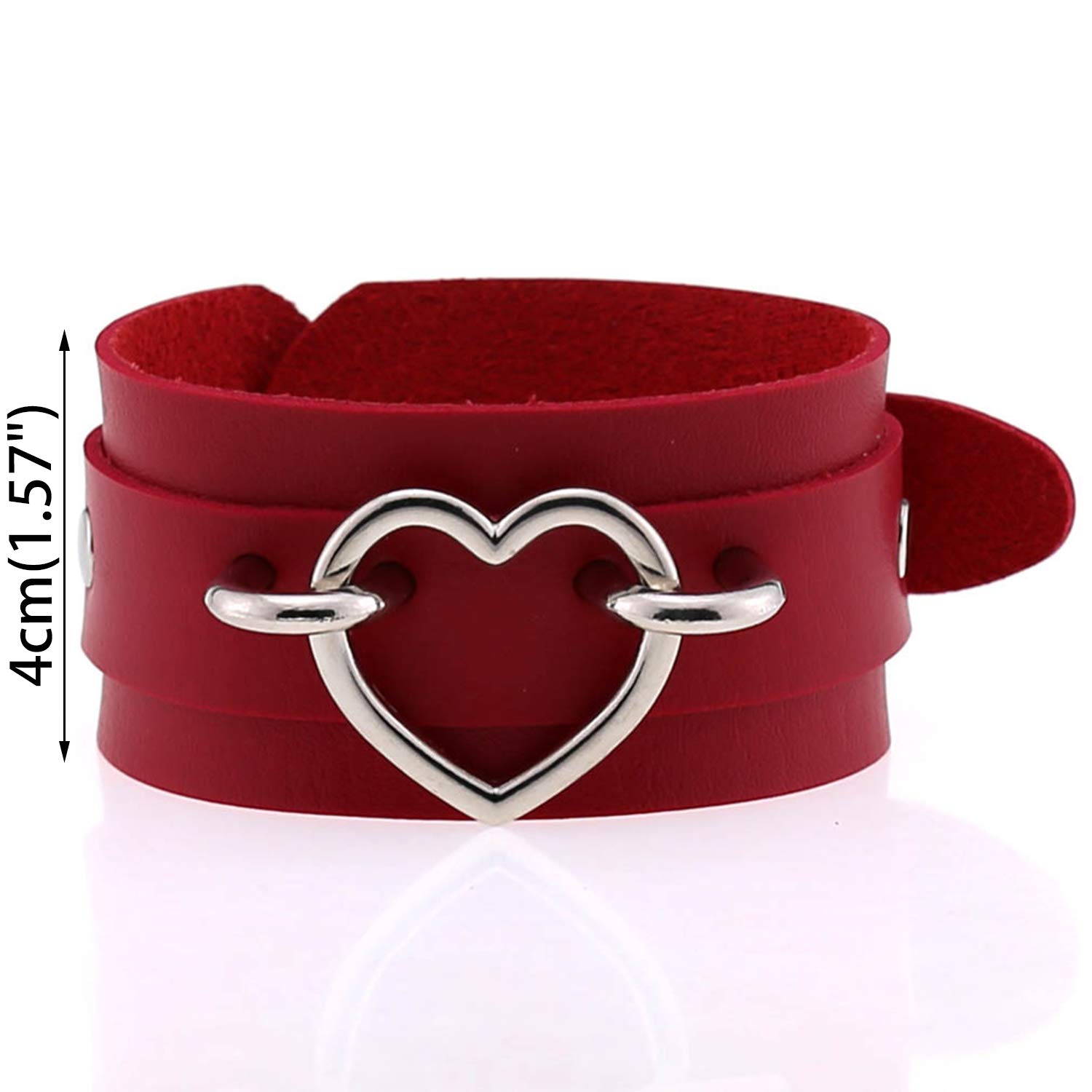 FM FM42 Punk Gothic Red PU Simulated Leather Silver-tone Heart Ring 4cm(1.57") Wide Bracelet, Pack of 2