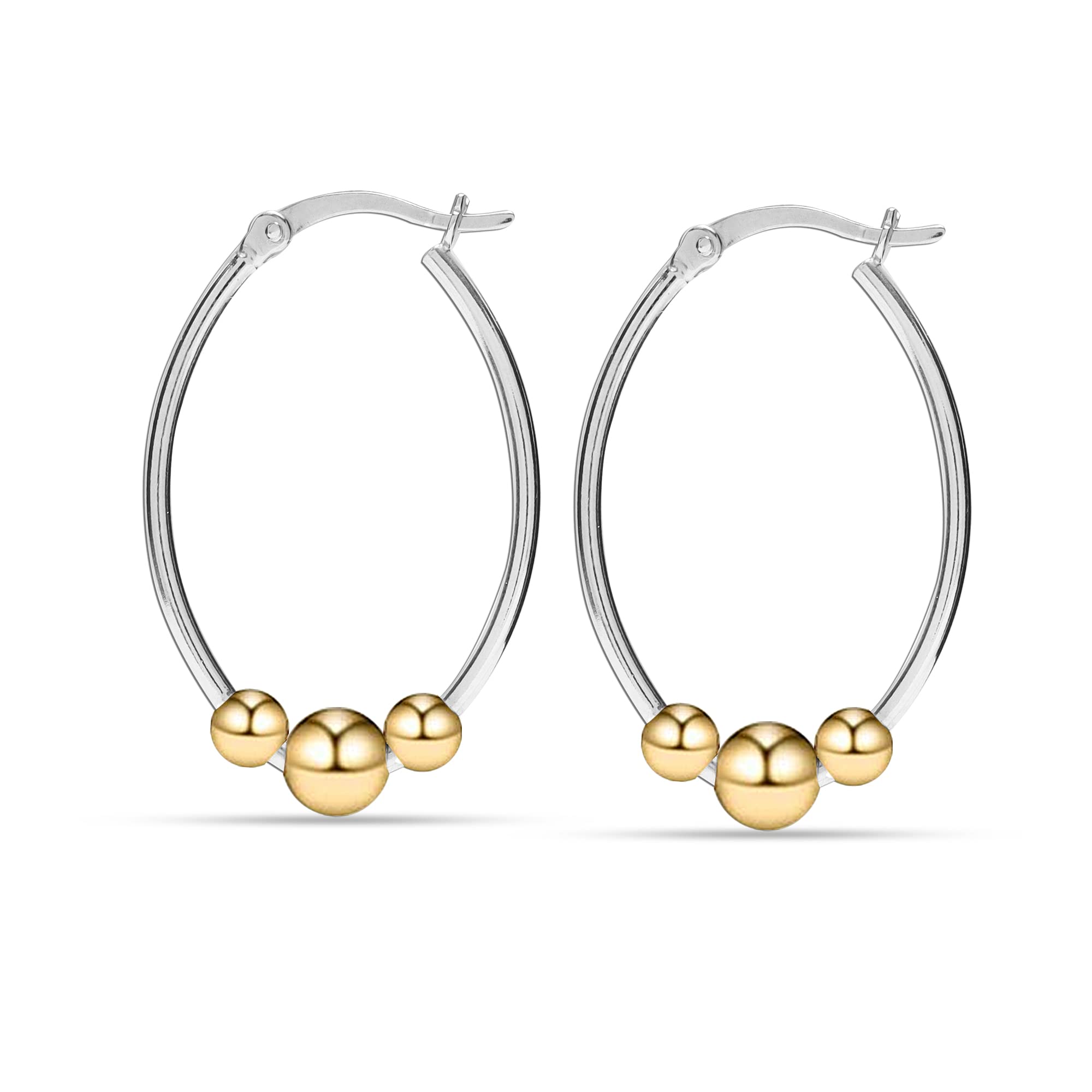 LeCalla 925 Sterling Silver Hoop Earrings Lightweight Oval 14K Gold-Plated Two-Tone Earring Hoops Jewelry Bead Ball Hoops Earring for Women