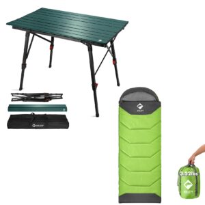 villey portable camping table with adjustable legs and camping sleeping bag for adults boys and girls