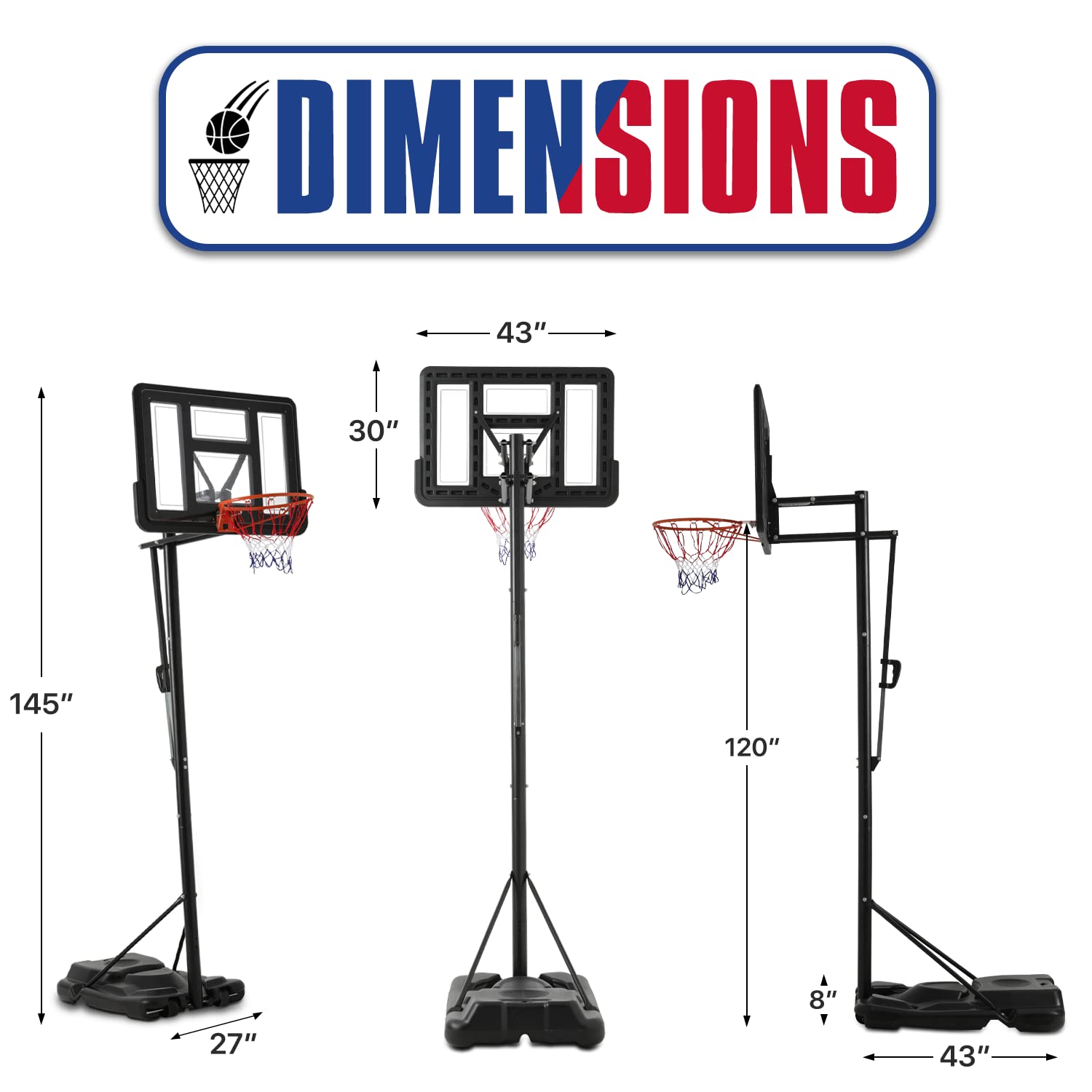 Monibloom Basketball Hoop Outdoor 7ft- 10ft Adjustable with 43 Inch Backboard Wheels Fillable Base, Basketball Equipment for Youth & Adults Indoor Outdoor Use, Black