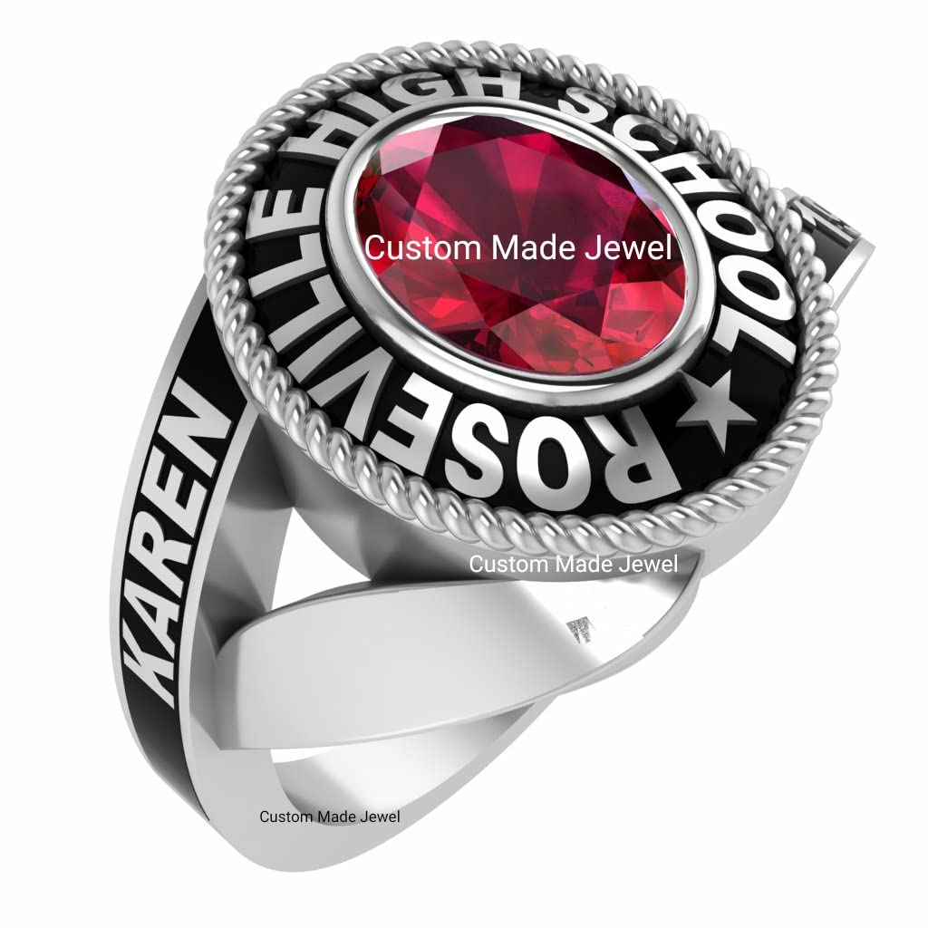 Custom class ring for Girl Ladies Women high school, college, university, fully customized ring for her in sterling silver (mid size Rosy oval)- Custom Made Jewel