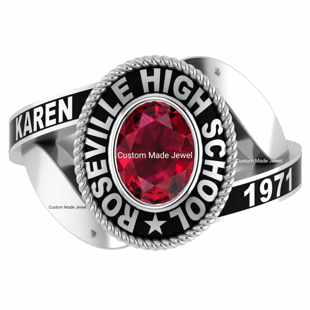 Custom class ring for Girl Ladies Women high school, college, university, fully customized ring for her in sterling silver (mid size Rosy oval)- Custom Made Jewel