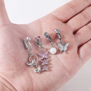 BodyAce 4pcs Fake Belly Rings Dangling Fake Belly Button Ring, Snake Evil Eye Heart Clip On Faux Navel Rings, Devil Butterfly Non Piercing Belly Jewelry (A:4pcs Fake Belly Rings)