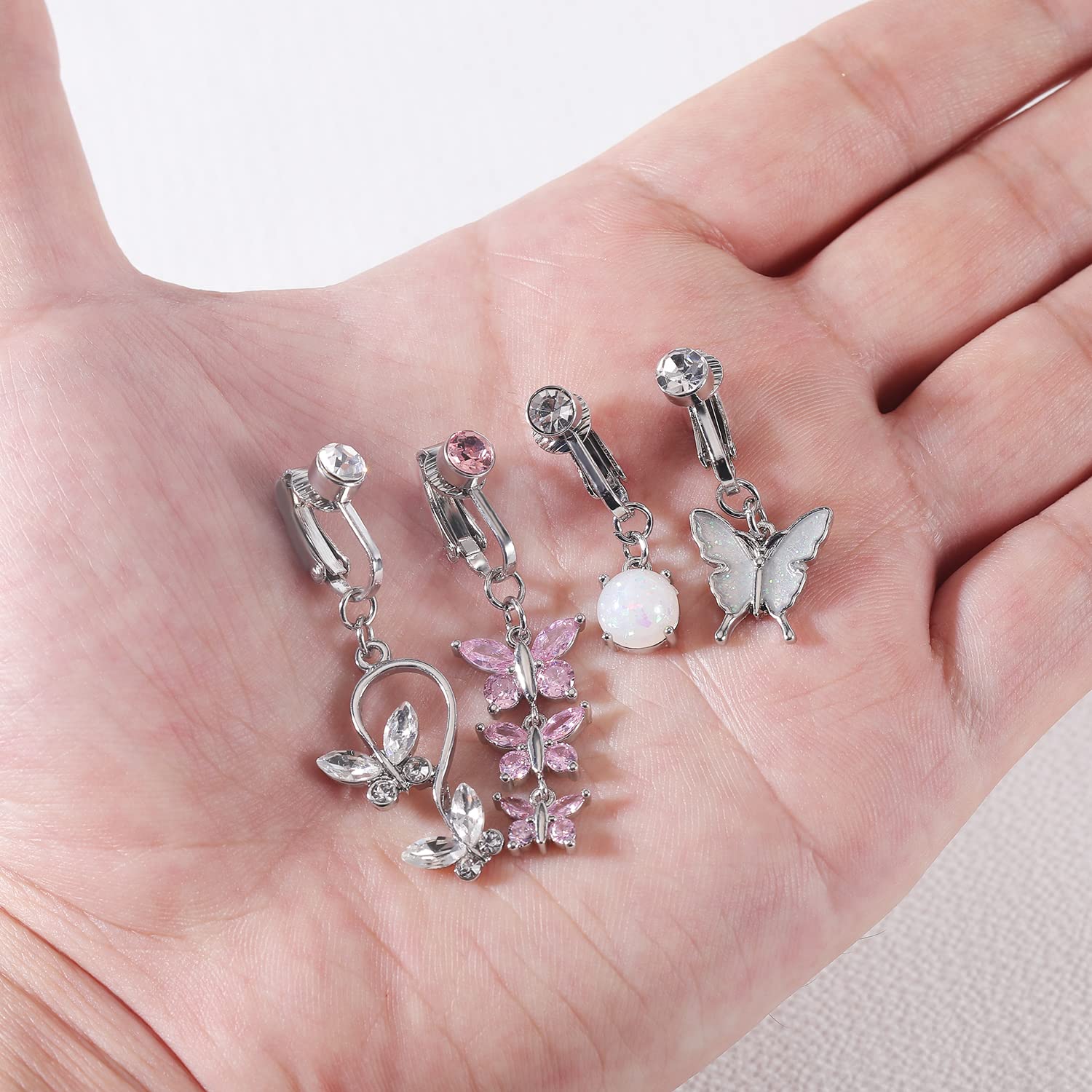 BodyAce 4pcs Fake Belly Rings Dangling Fake Belly Button Ring, Snake Evil Eye Heart Clip On Faux Navel Rings, Devil Butterfly Non Piercing Belly Jewelry (A:4pcs Fake Belly Rings)