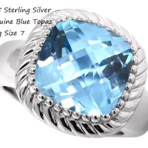 KOKAV 925 Sterling Silver Genuine Blue Topaz Checkerboard Cut 12mm Cocktail Ring. Size 7