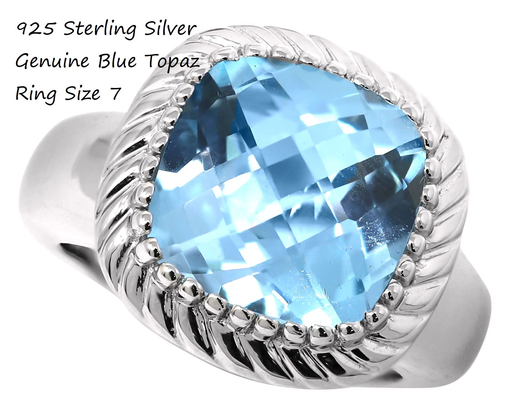 KOKAV 925 Sterling Silver Genuine Blue Topaz Checkerboard Cut 12mm Cocktail Ring. Size 7