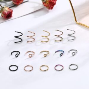 ZELORES 15Pcs 18G Nose Rings Hoops Double Nose Ring For Single Piercing 316l Surgical Steel Spiral Nose Hoop Rings For Women Nostril Piercing Jewelry(8MM)