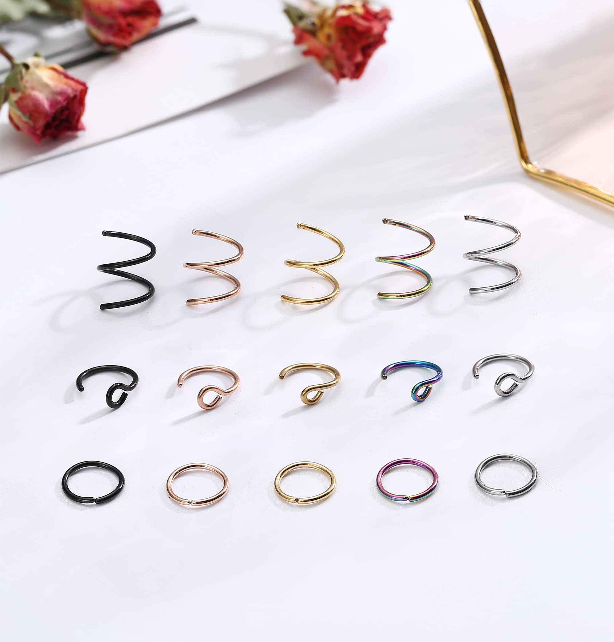 ZELORES 15Pcs 18G Nose Rings Hoops Double Nose Ring For Single Piercing 316l Surgical Steel Spiral Nose Hoop Rings For Women Nostril Piercing Jewelry(8MM)