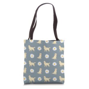 golden retriever and daisy flower pattern dusty blue tote bag