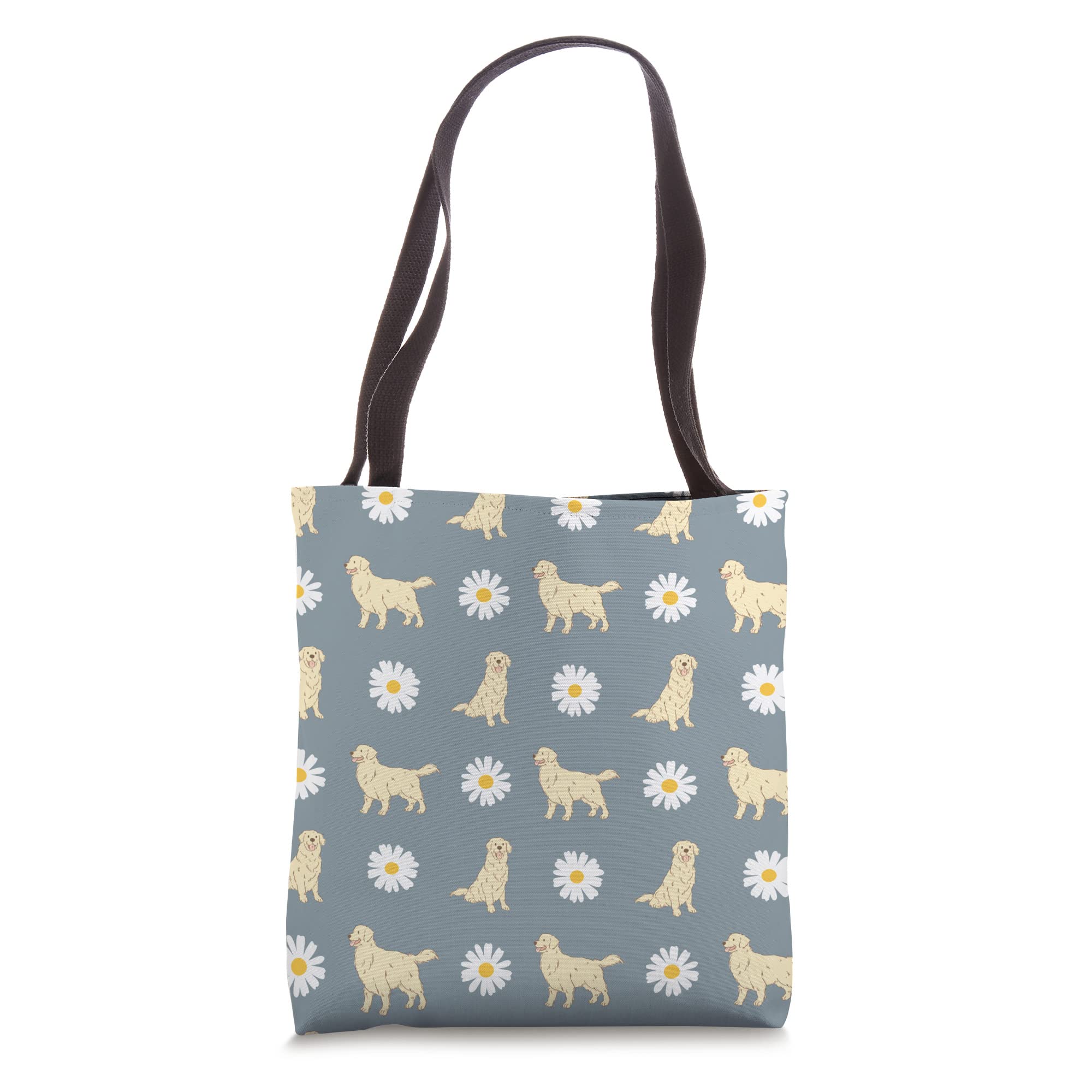 Golden Retriever and Daisy Flower Pattern Dusty Blue Tote Bag