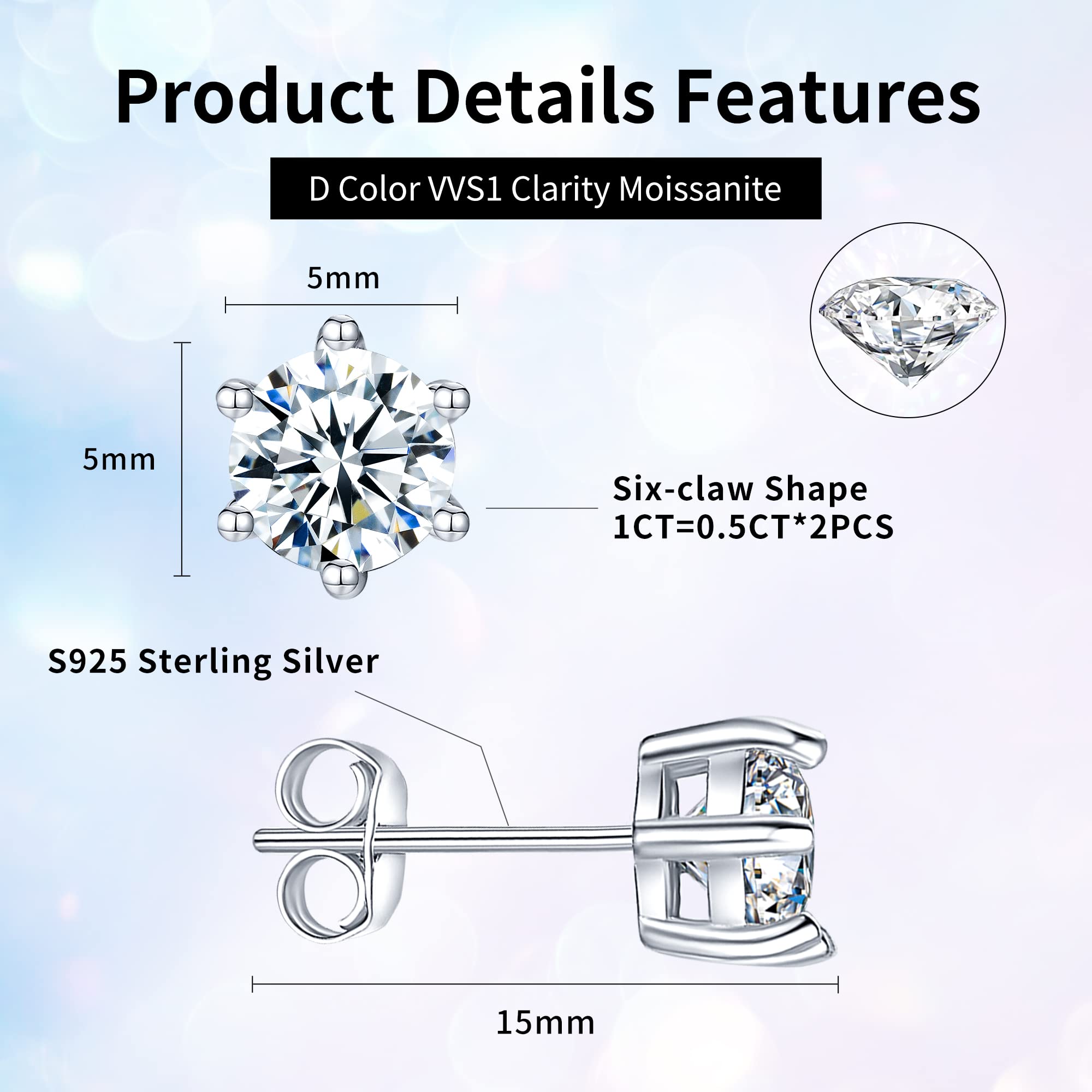 Aziza·Zhol Moissanite Stud Earrings for Women Men Girl, Hypoallergenic S925 Sterling Silver 0.5ct D Color VVS1 Clarity Created Diamond Earrings with Certificate of Authenticity (Six-claw)