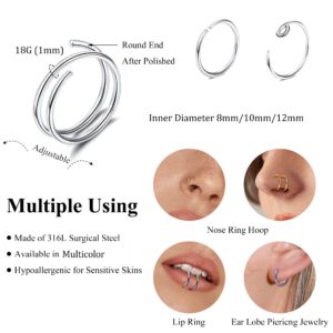 ZELORES 15Pcs 18G Nose Rings Hoops Double Nose Ring For Single Piercing 316l Surgical Steel Spiral Nose Hoop Rings For Women Nostril Piercing Jewelry(8MM)