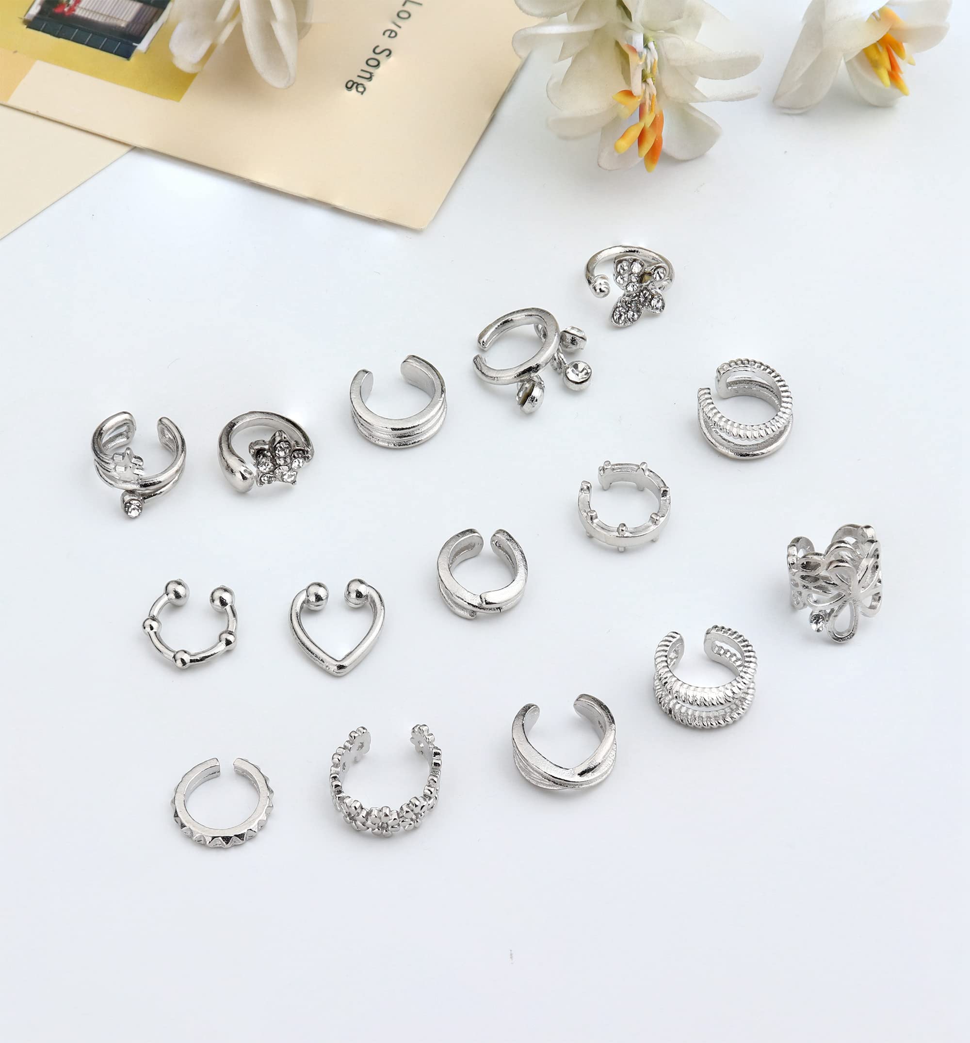 ZELORES 24Pcs Cuff Earrings for Women Adjustable Non-Piercing Clip On Cartilage Wrap Earrings Long Chain Drop Dangling Ear Cuff Earring Set Silver Tone