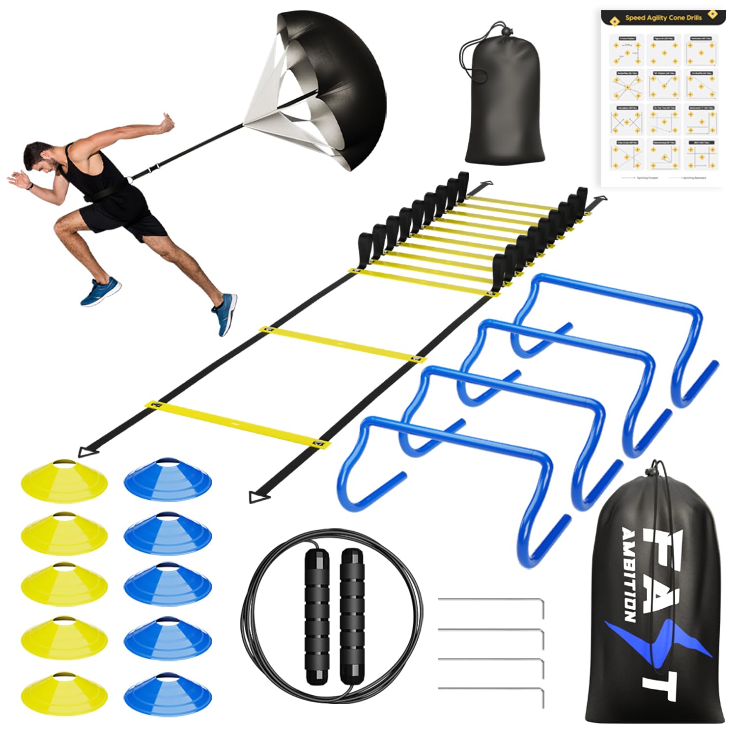 Speed & Agility Training Set - Agility Ladder, Cones Hurdle Set, Parachute for Speed Training, Basketball Training Equipment, Soccer Training Equipment, Agility Training Equipment, Resistance Bands