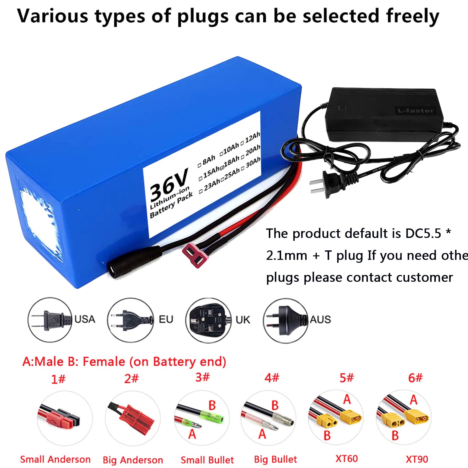 FREEDOH 20AH 36V E-Bike Battery Li-ion Electric Street Bikes Battery Pack for 250W 350W 500W 700W Electric Bikes Motor Kits Battery w/Charger,T