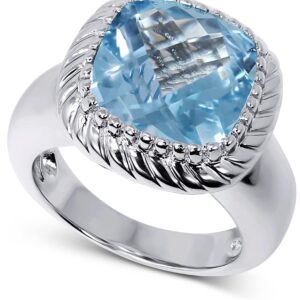 KOKAV 925 Sterling Silver Genuine Blue Topaz Checkerboard Cut 12mm Cocktail Ring. Size 7