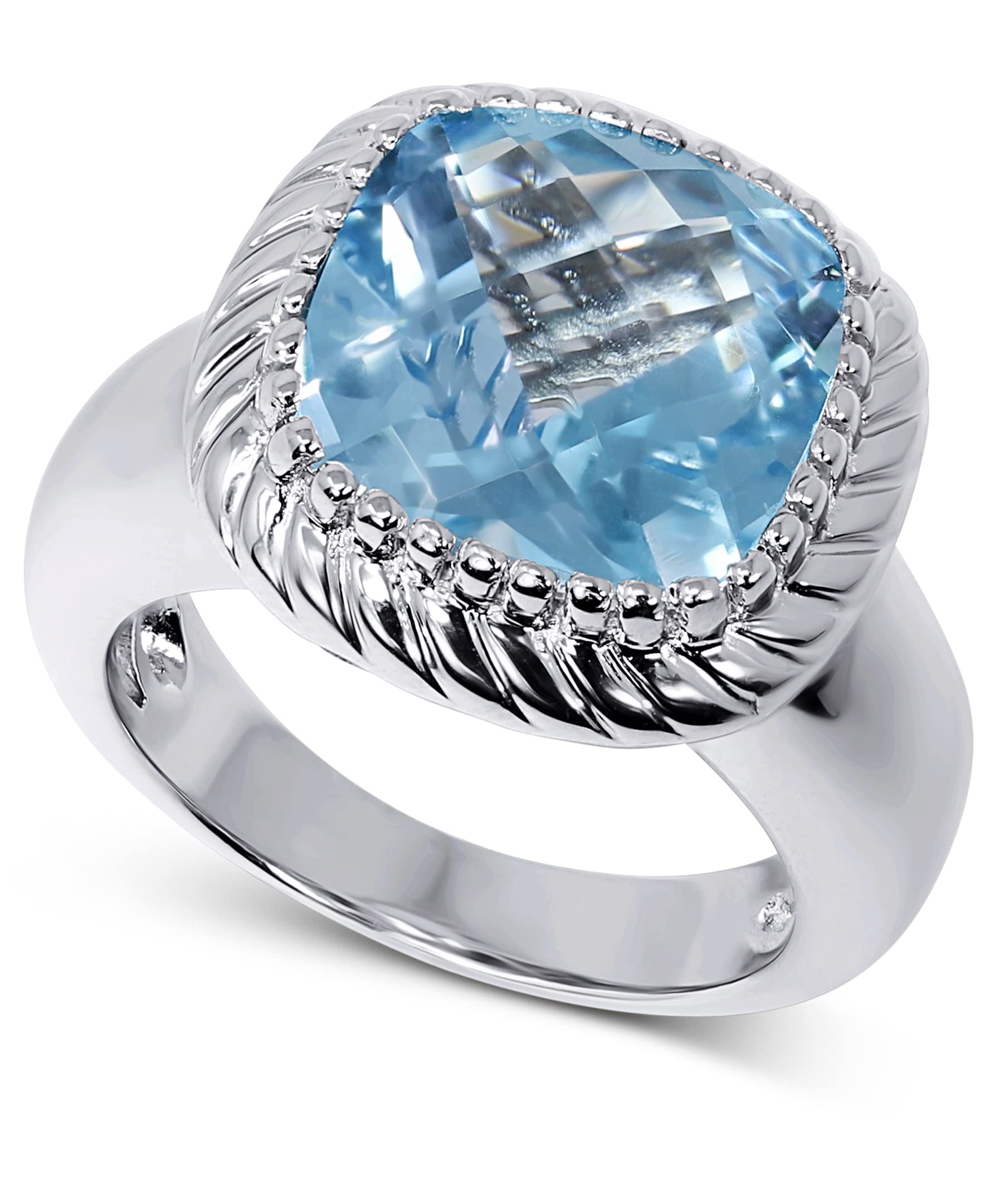 KOKAV 925 Sterling Silver Genuine Blue Topaz Checkerboard Cut 12mm Cocktail Ring. Size 7