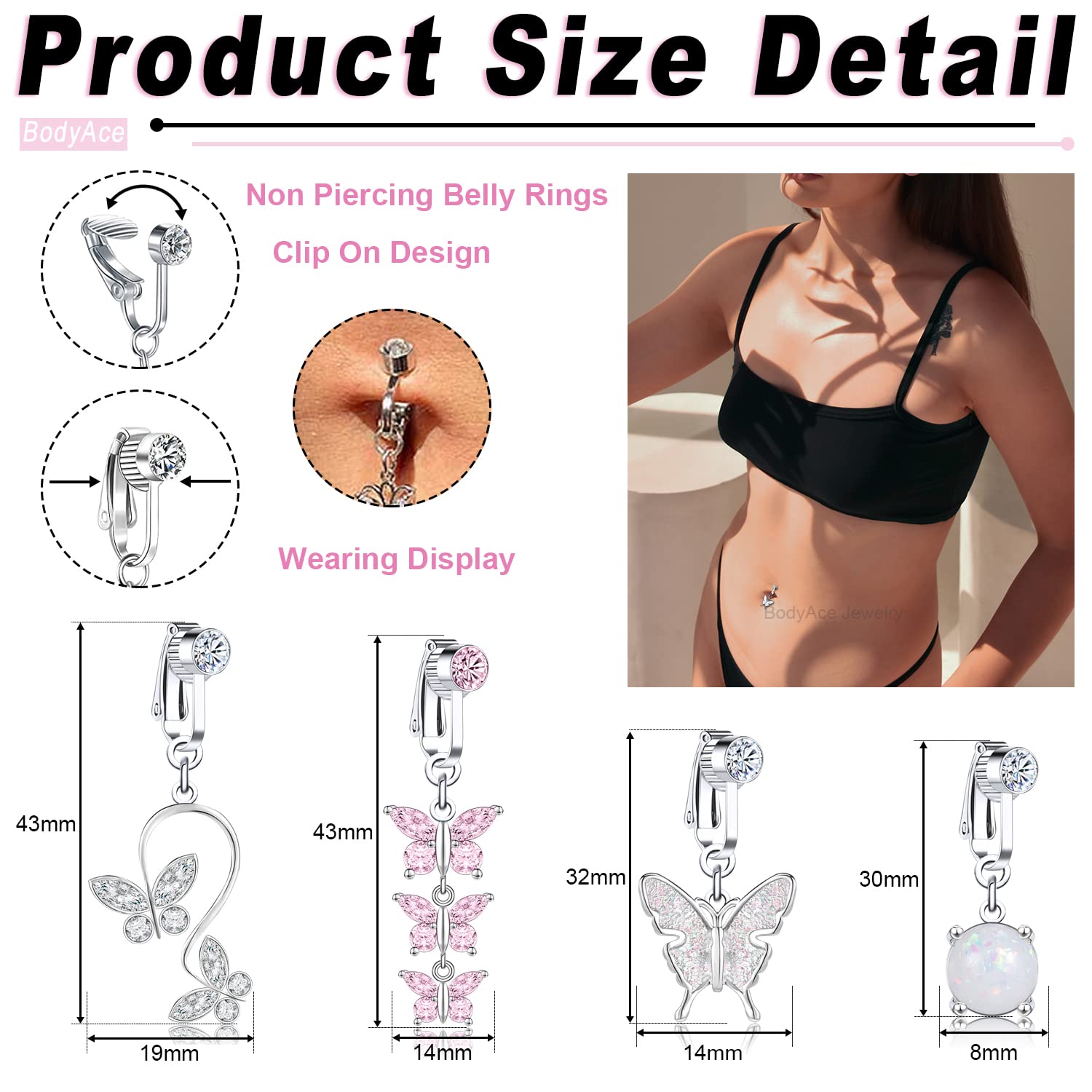 BodyAce 4pcs Fake Belly Rings Dangling Fake Belly Button Ring, Snake Evil Eye Heart Clip On Faux Navel Rings, Devil Butterfly Non Piercing Belly Jewelry (A:4pcs Fake Belly Rings)