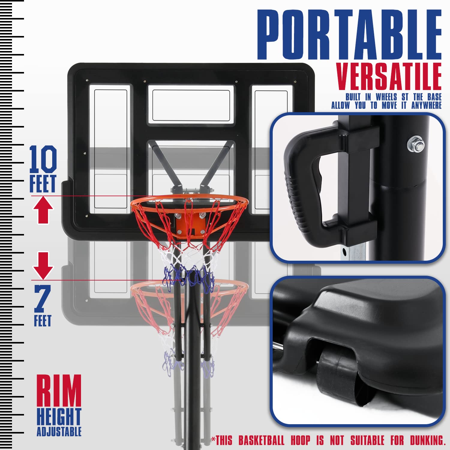 Monibloom Basketball Hoop Outdoor 7ft- 10ft Adjustable with 43 Inch Backboard Wheels Fillable Base, Basketball Equipment for Youth & Adults Indoor Outdoor Use, Black