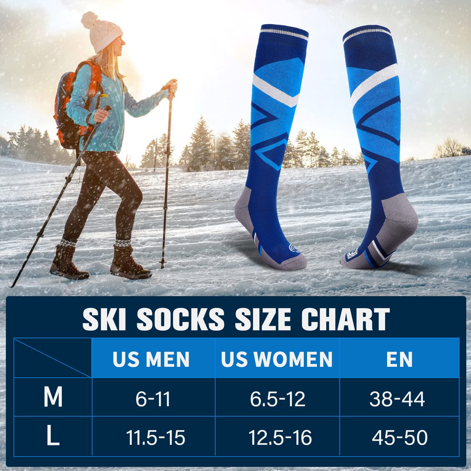 findway Ski Socks,Snowboard Socks for Womens Mens, 2 Pairs Winter Warm Knee-high Hiking Athletic Socks