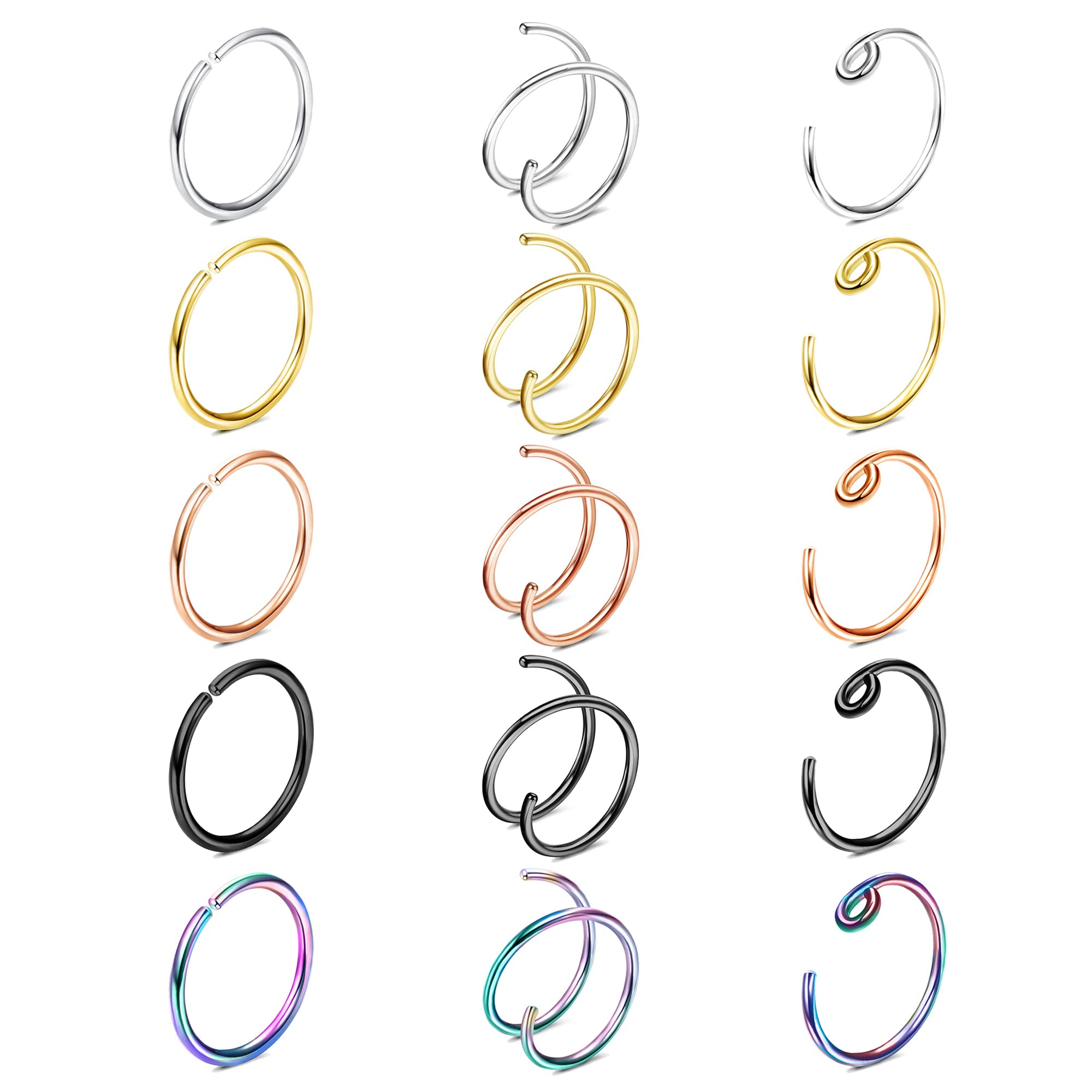 ZELORES 15Pcs 18G Nose Rings Hoops Double Nose Ring For Single Piercing 316l Surgical Steel Spiral Nose Hoop Rings For Women Nostril Piercing Jewelry(8MM)