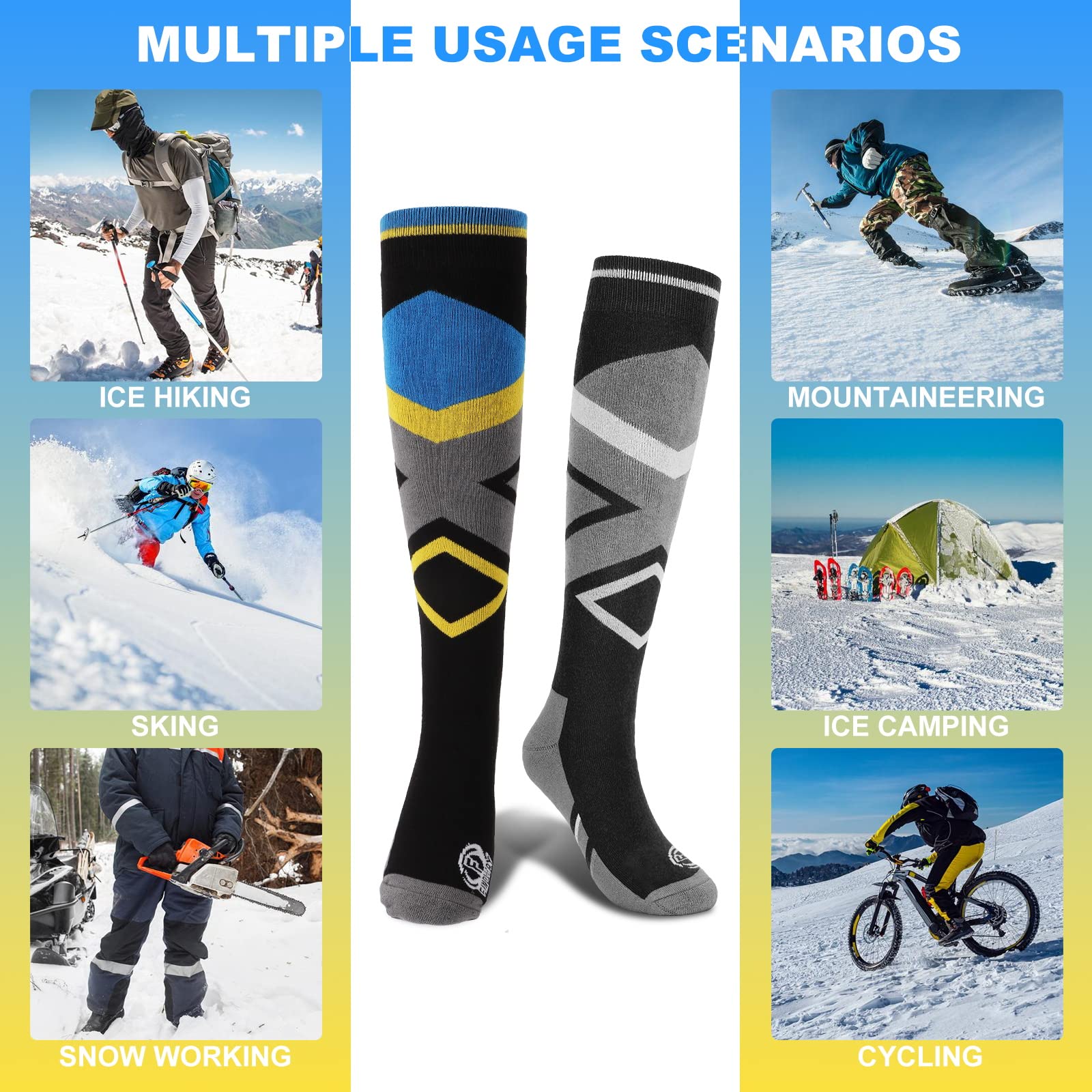 findway Ski Socks,Snowboard Socks for Womens Mens, 2 Pairs Winter Warm Knee-high Hiking Athletic Socks