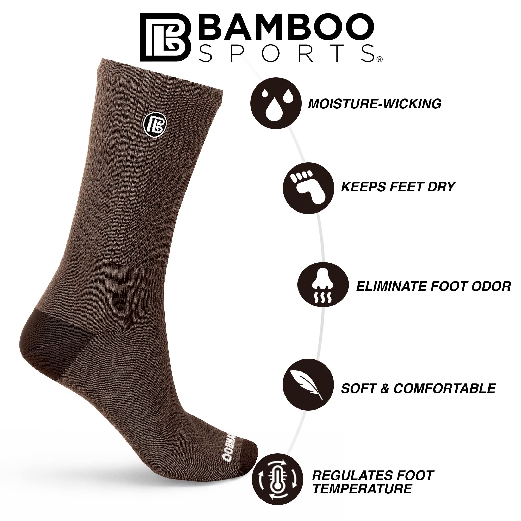 Bamboo Sports Premium Bamboo Crew Work Socks- Moisture Wicking, Odor Eliminating Brown Tweed Crew Socks for Men Size 9-12 - 3 Pair