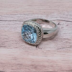 KOKAV 925 Sterling Silver Genuine Blue Topaz Checkerboard Cut 12mm Cocktail Ring. Size 7