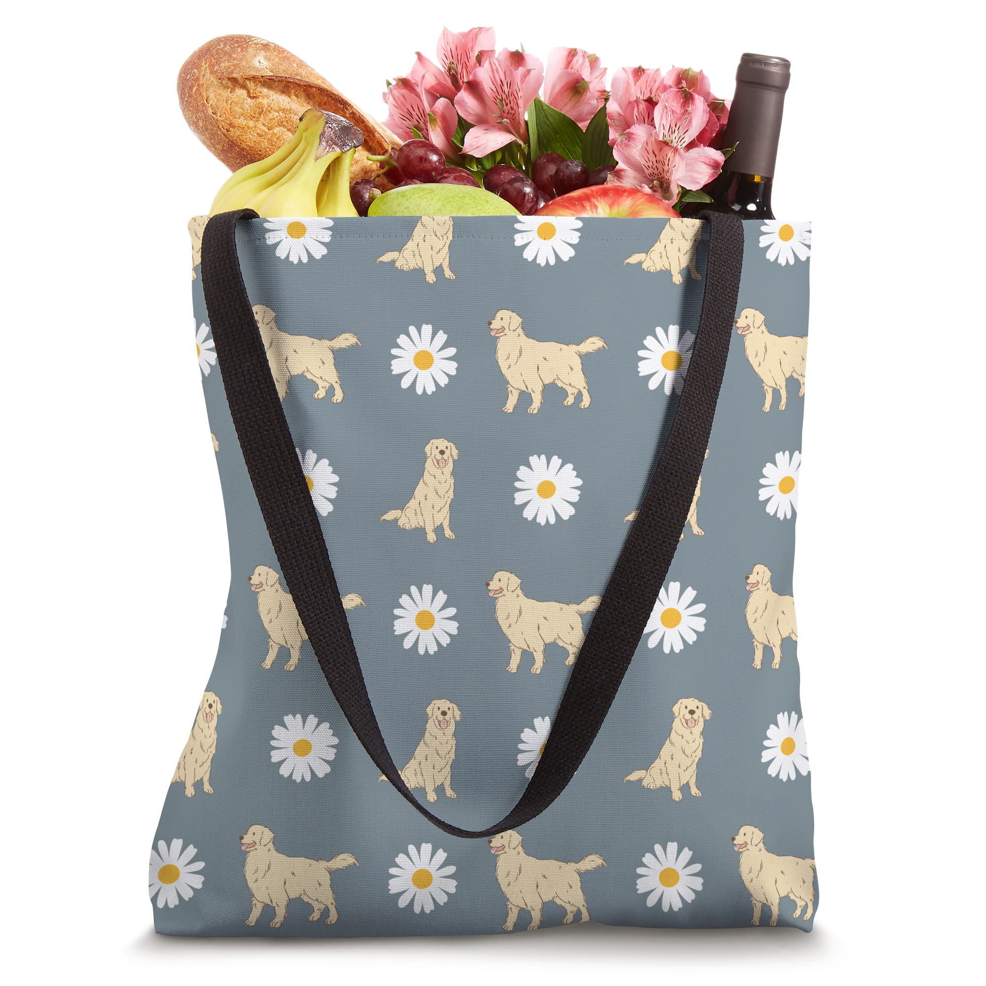 Golden Retriever and Daisy Flower Pattern Dusty Blue Tote Bag