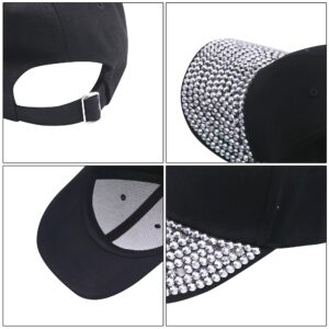 Shiny Rhinestone Brim Baseball Cap for Women Girls Sparkle Velcro Ponycap Adjustable Mesh Trucker Hat Outdoors Sun Cap Black