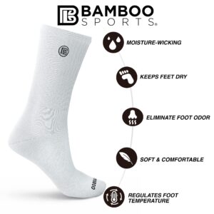 Bamboo Sports Premium Bamboo Crew Work Socks- Moisture Wicking, Odor Eliminating White Crew Socks for Men Size 9-12 - 3 Pair