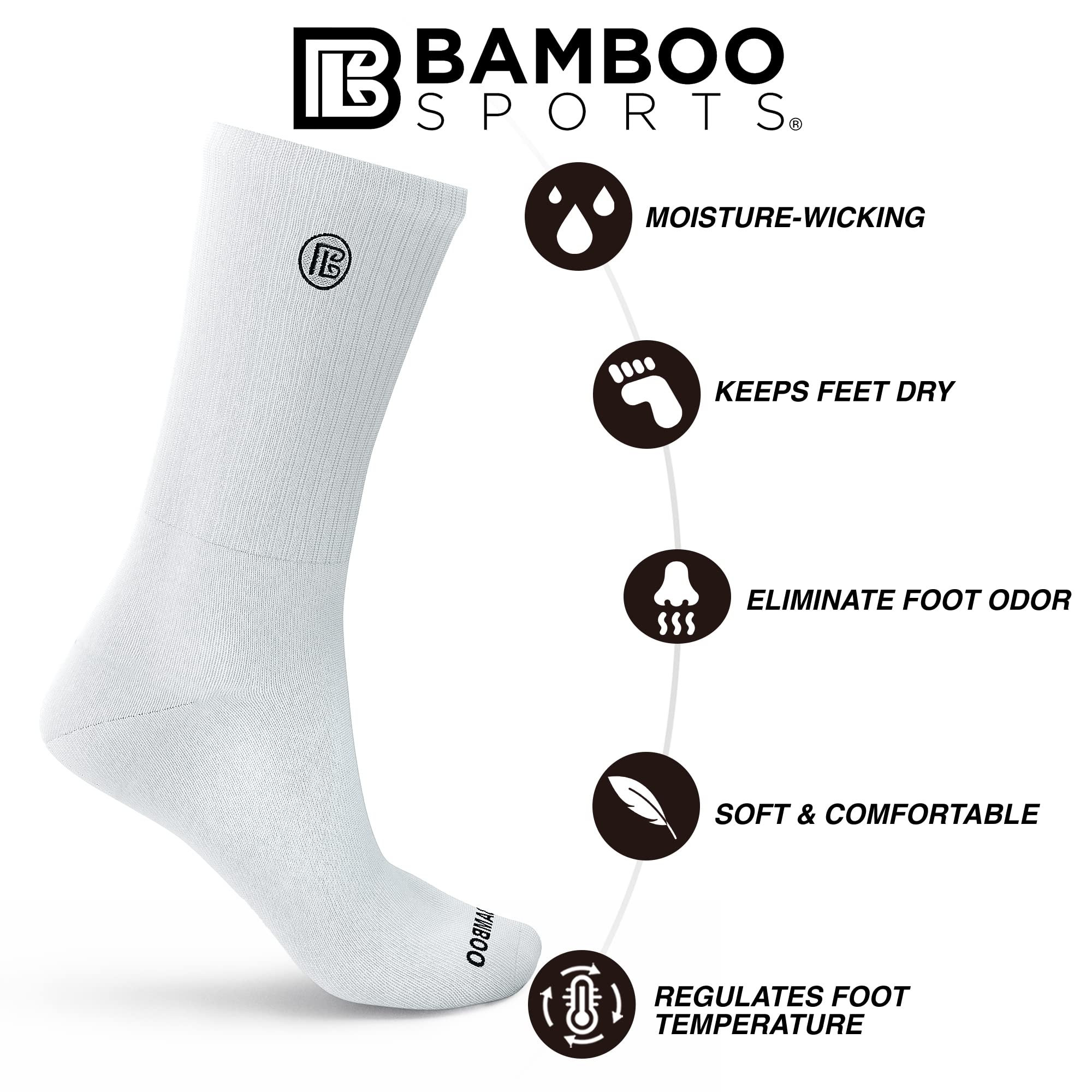 Bamboo Sports Premium Bamboo Crew Work Socks- Moisture Wicking, Odor Eliminating White Crew Socks for Men Size 9-12 - 3 Pair