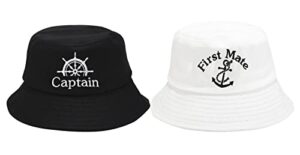 enodtter captain first mate bucket hats for couples, embroidered mr mrs bride groom hats, embroidery travel hats, newlywed honeymoon wedding gift