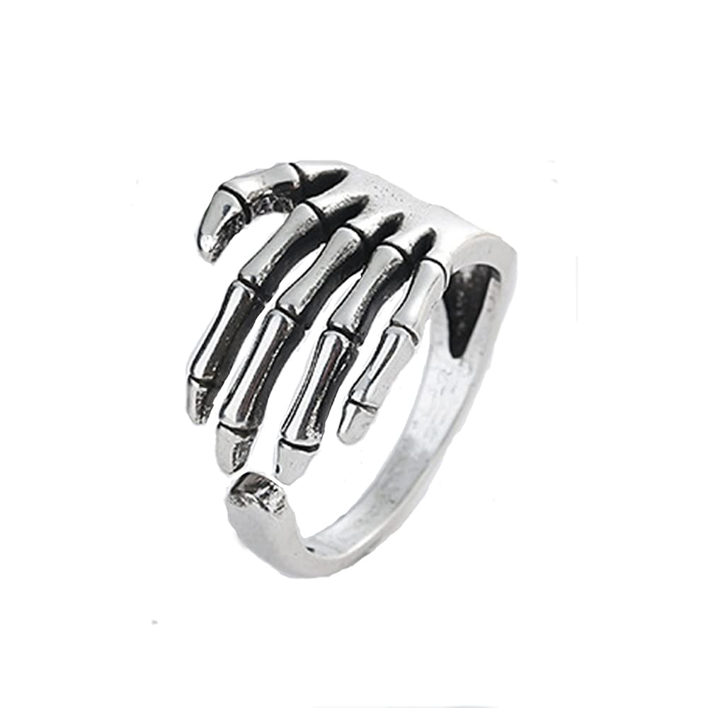 RUIZHEN Antique Silver Open Adjustable Skeleton Hand Skull Finger Ring for Women Expandable Halloween Ring (antique silver)