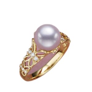 HUKQBUNX 18K gold natural freshwater pearl pearl pearl butterfly flower open ring women's fashion shiny ring adjustable