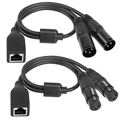 GELRHONR Dual XLR 3Pin Male to RJ45 Female Adapter Cable,RJ45 Female to Dual DMX XLR 3Pin Female Extension Cable Use Cat5 Ethernet for DMX-CON Controller Series-Black/1.7Ft