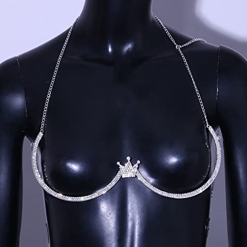 Jeweky Chest Chain Rhinestone Bra Body Chain Sparkly Bikini Bra Chest Chains Silver Chest Bracket Chain Bra Party Body Jewelry Accessories for Women