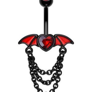 CM Crareesi Mania Bat Belly Button Ring 316L Surgical Steel Dangle Chain Belly Rings 14G Black Belly Piercing Jewelry for Halloween Heart CZ Belly Button Rings