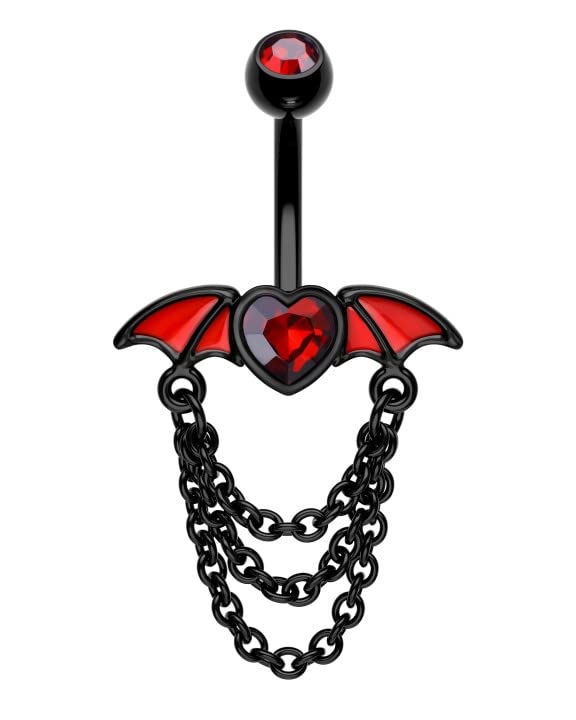 CM Crareesi Mania Bat Belly Button Ring 316L Surgical Steel Dangle Chain Belly Rings 14G Black Belly Piercing Jewelry for Halloween Heart CZ Belly Button Rings