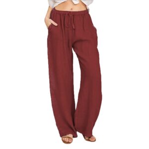 today 2023 womens tops cotton linen pants for women wide leg elastic waist full length sweatpants plus size workout yoga trousers with pocket wine