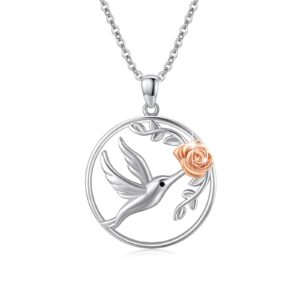 hummingbird necklace 925 sterling silver cute bird rose flower pendant necklace hummingbird animal jewelry gifts for women girls animal lovers