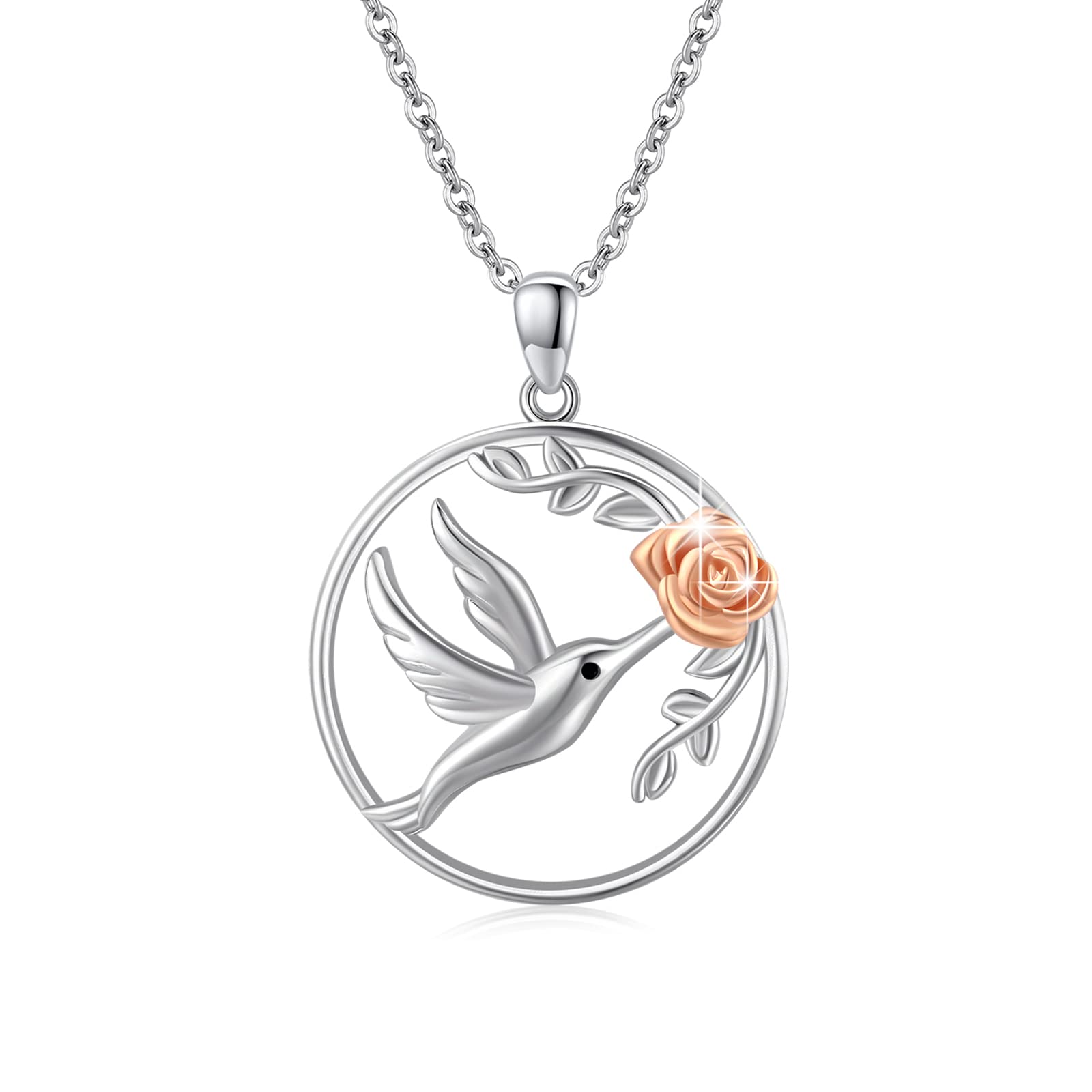 Hummingbird Necklace 925 Sterling Silver Cute Bird Rose Flower Pendant Necklace Hummingbird Animal Jewelry Gifts For Women Girls Animal Lovers