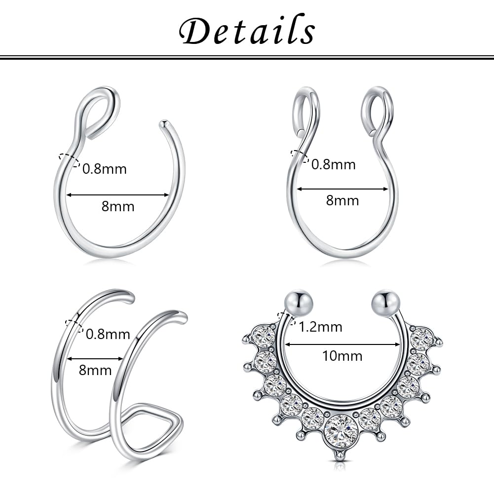 TOKRING Fake Nose Ring Hoop Fake Septum Nose Cuffs/ Studs Clip On Lip Ear Non Pierced Jewelry for Women Men Silver