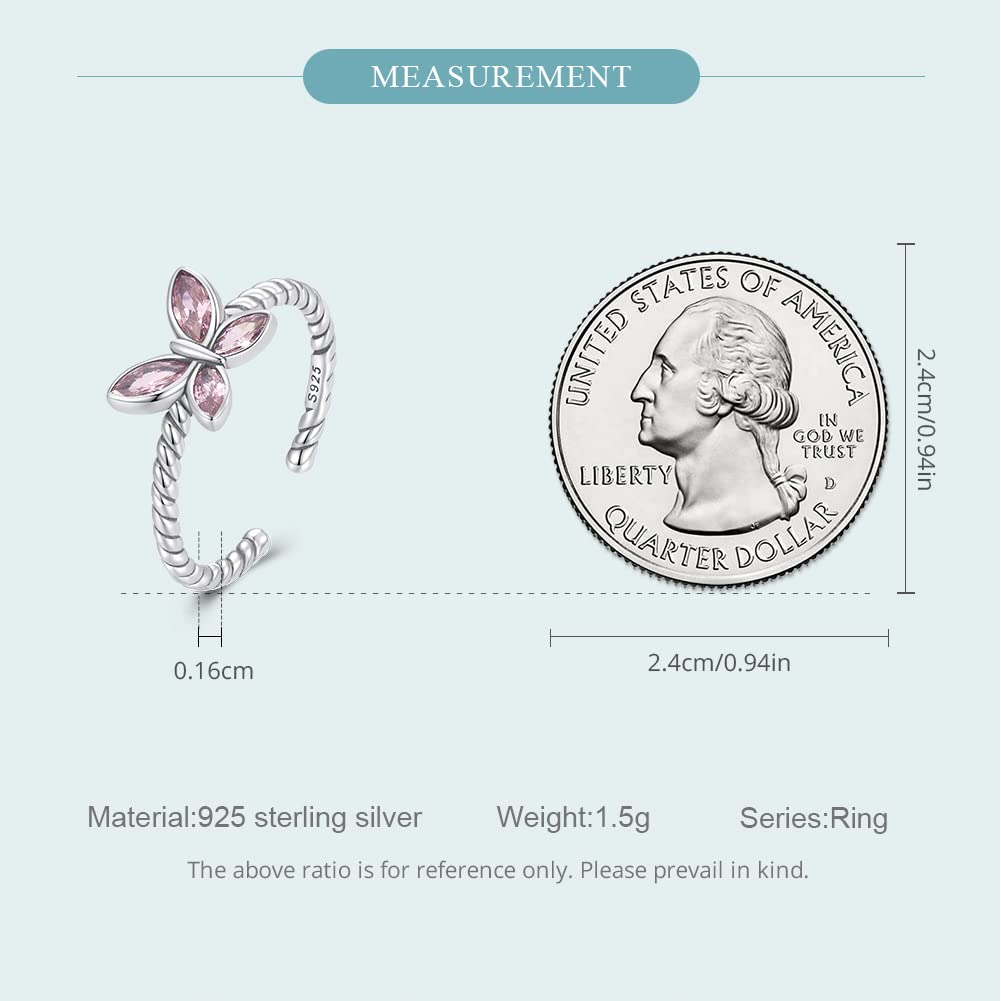 Pink CZ Butterfly Open Statement Rings Sterling Silver 925 Rhinestone Crystal Promise Engagement Ring Wedding Finger Bands Stacking Band Adjustable Cute Jewelry Gifts for Women