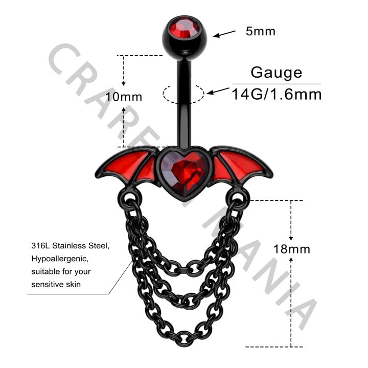 CM Crareesi Mania Bat Belly Button Ring 316L Surgical Steel Dangle Chain Belly Rings 14G Black Belly Piercing Jewelry for Halloween Heart CZ Belly Button Rings