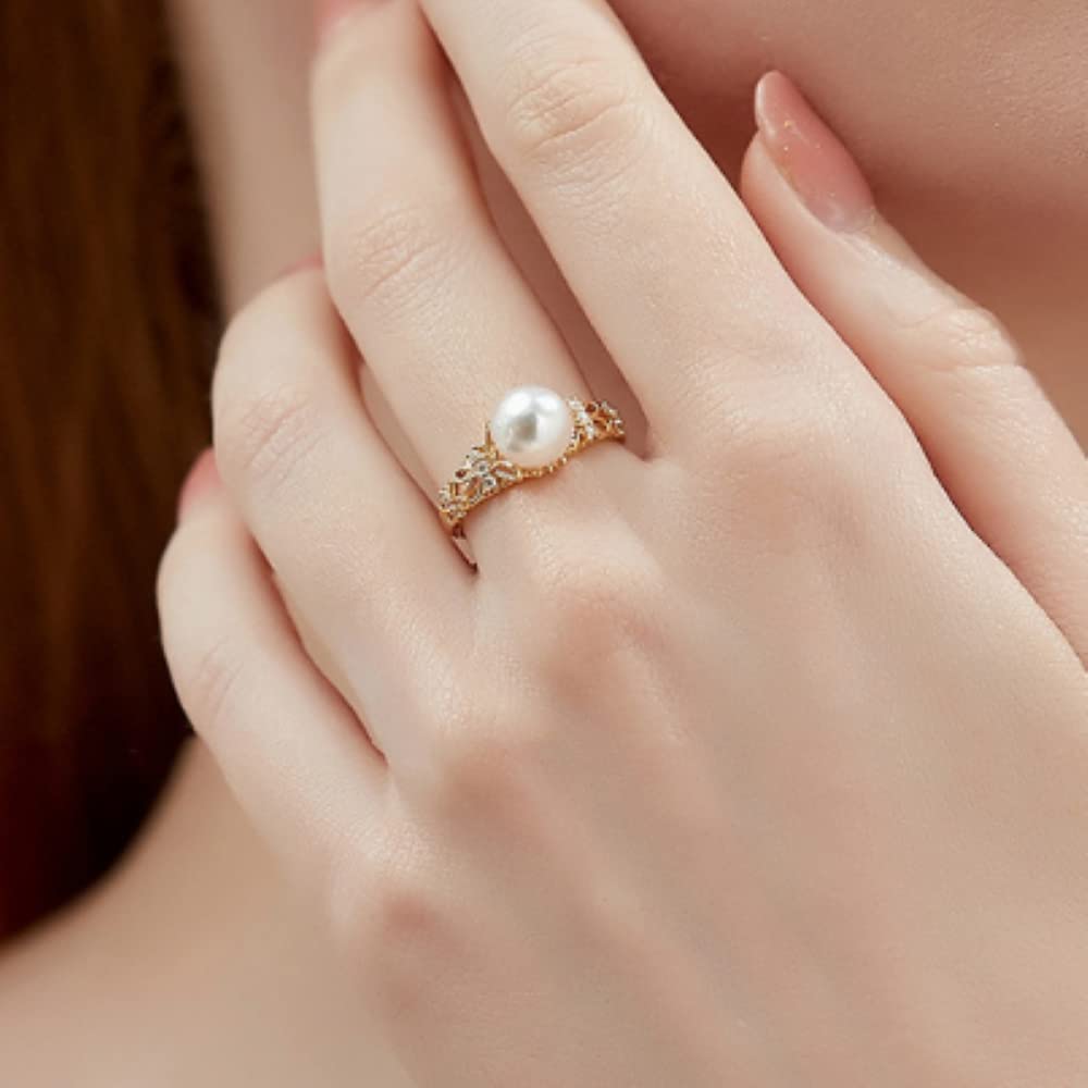 HUKQBUNX 18K gold natural freshwater pearl pearl pearl butterfly flower open ring women's fashion shiny ring adjustable